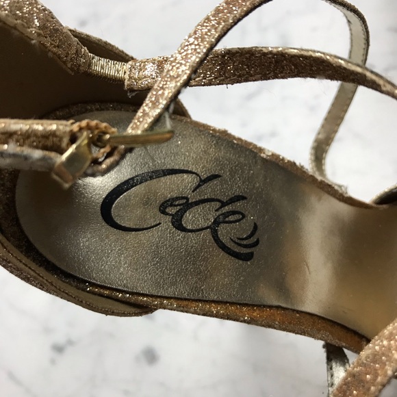 CeCe Gold Glitter Metallic Open Toe Stiletto Heels - Picture 5 of 11